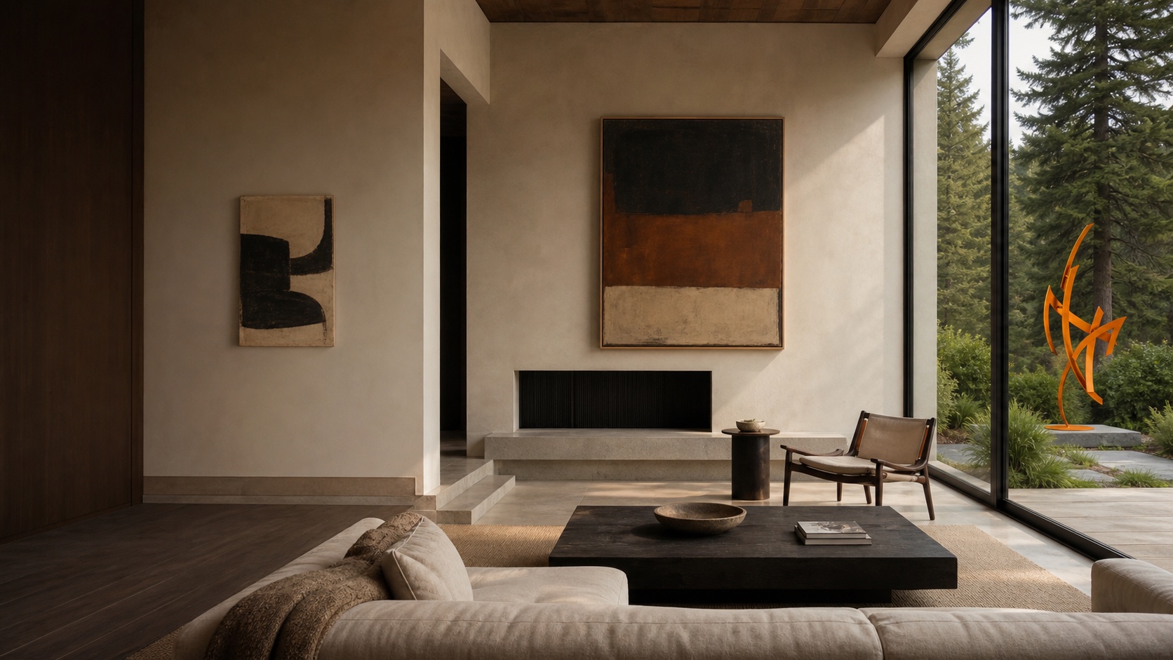 Contemporary paintings in a warm architectural interior with an orange Miguel Edwards sculpture beyond the window